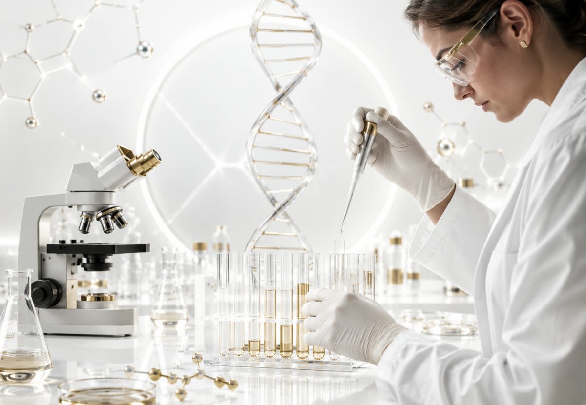 Investigadora pipeteando una muestra en un banco de laboratorio