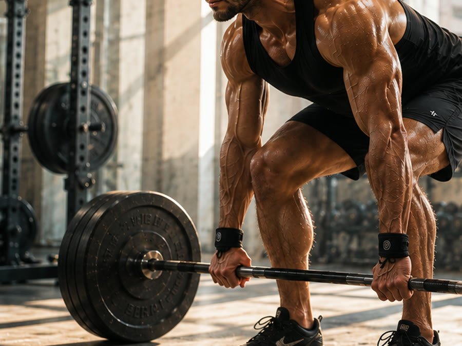 Persona levantando una barra con discos en un gimnasio
