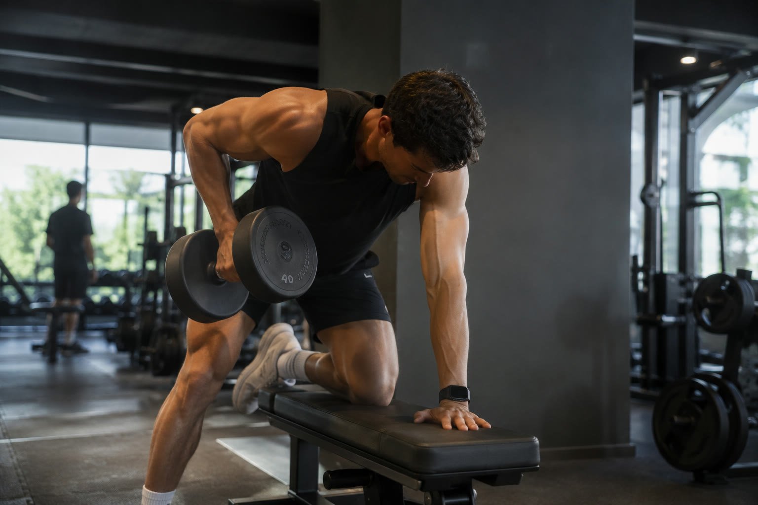 Un hombre haciendo remo con mancuerna apoyado en un banco, en un gimnasio