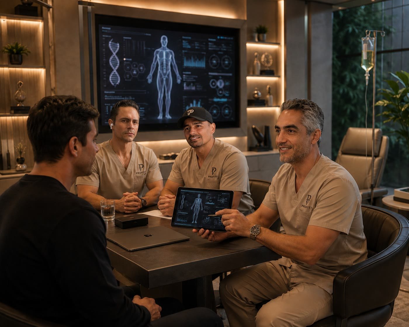 Equipo médico revisando datos de un paciente en una pantalla, sentados a una mesa
