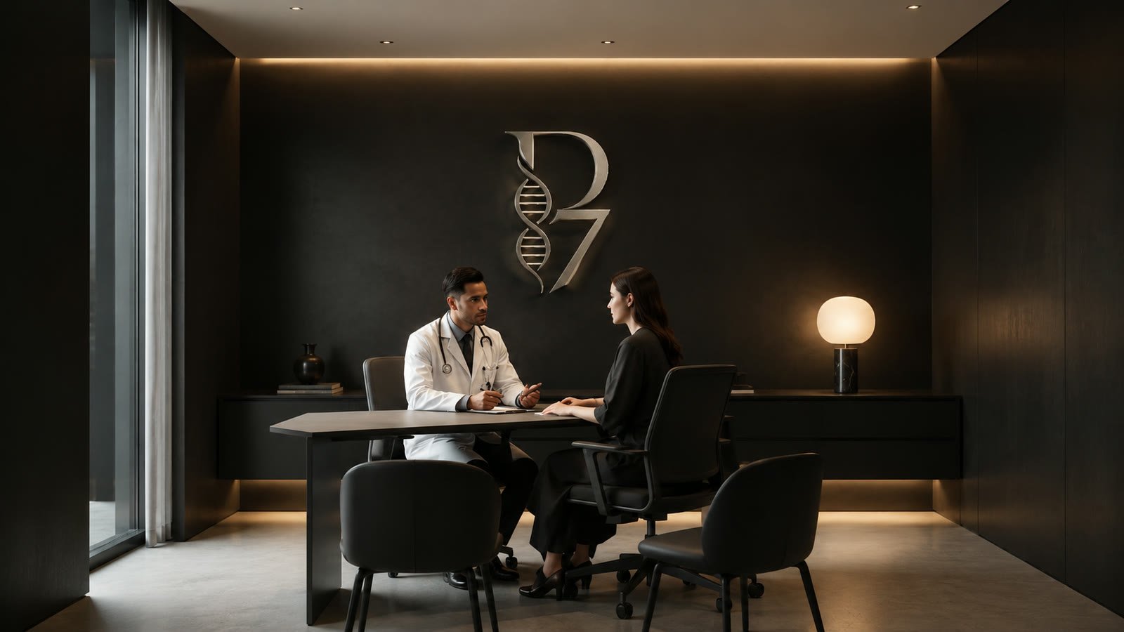 Un médico y una paciente conversando frente a frente en un consultorio