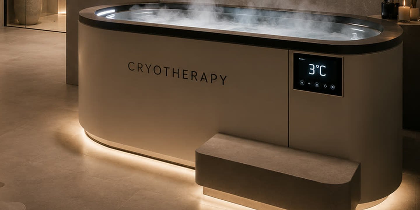 Tina de inmersión en frío con vapor sobre la superficie y un panel que marca tres grados