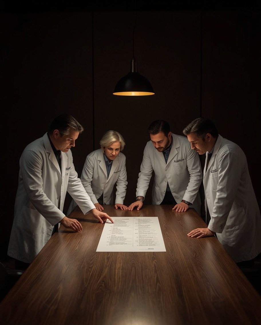 Comité médico revisando un panel de biomarcadores impreso