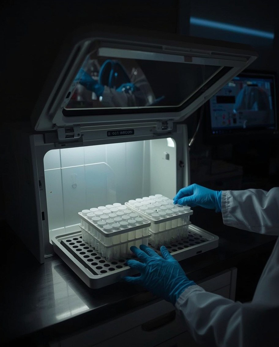 Analizador de laboratorio con dos gradillas de muestras, manejado con guantes
