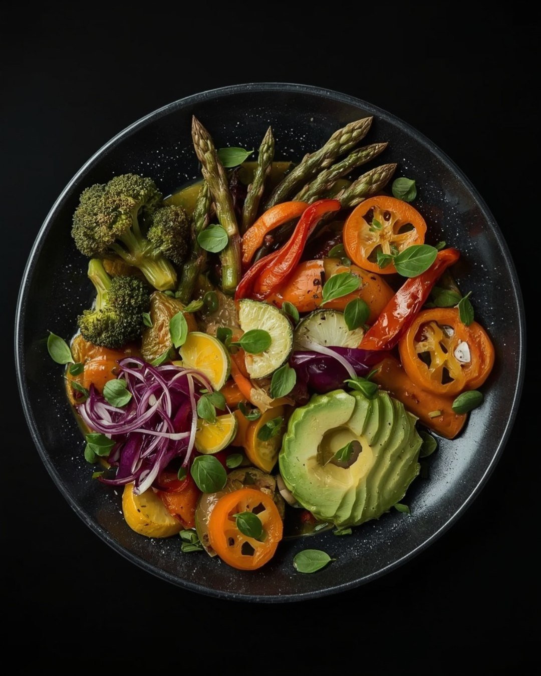 Plato compuesto con proteína, grano y hoja verde sobre cerámica mate