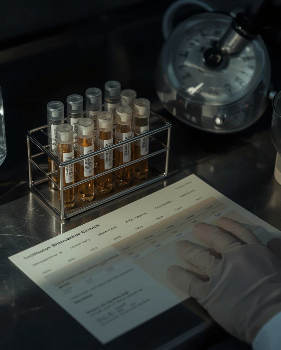 Gradilla de tubos de suero junto a un panel de biomarcadores impreso