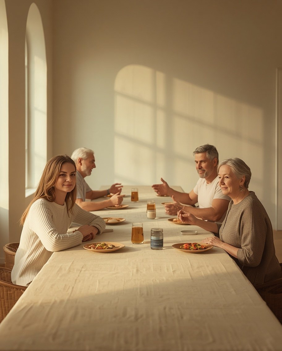 Cuatro personas de edades distintas sentadas a una mesa larga, cada una con un plato diferente