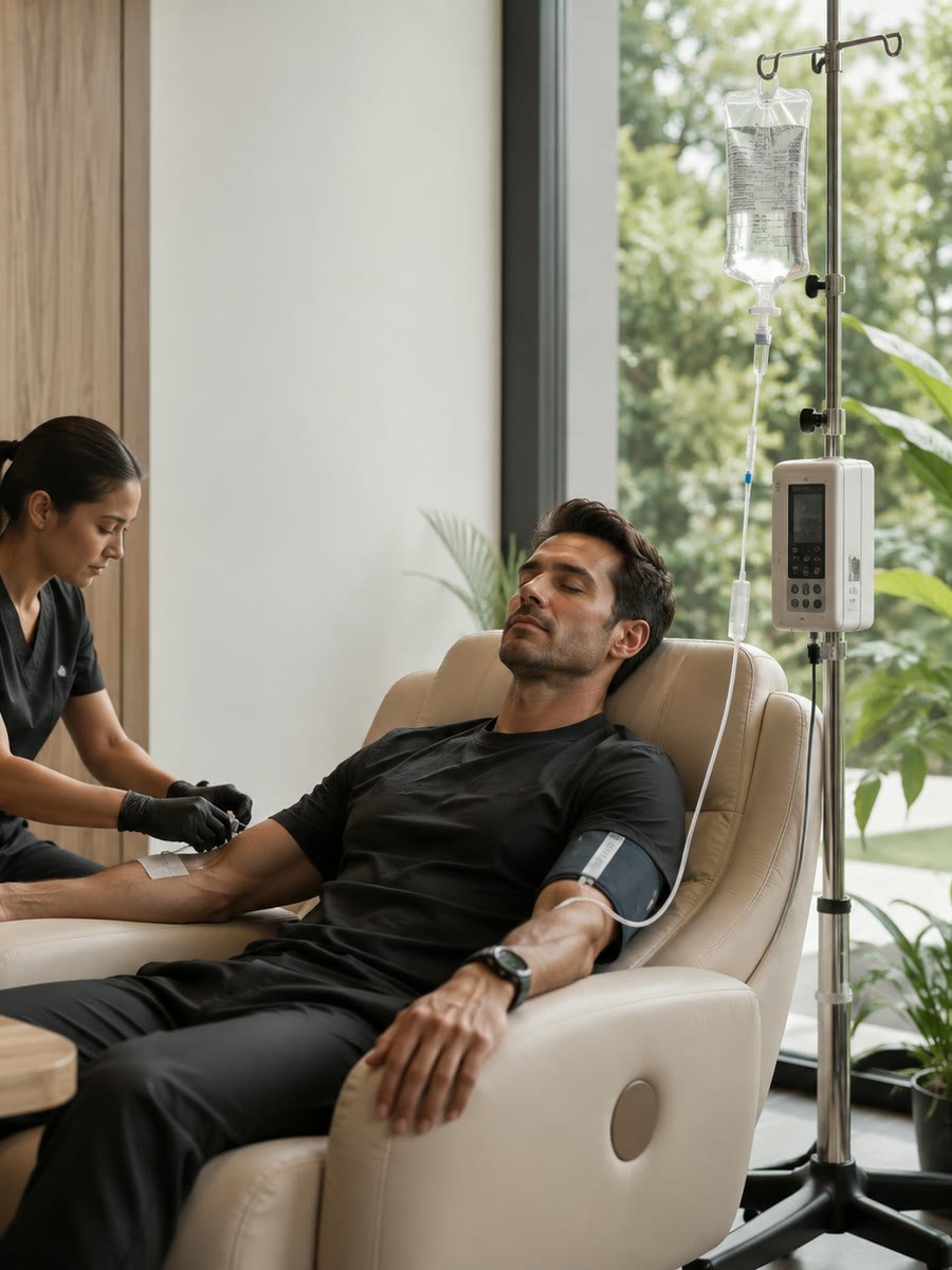 Paciente recibiendo una infusión intravenosa en un sillón clínico, acompañado por personal de enfermería